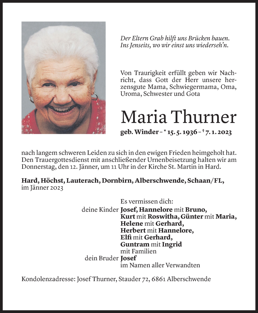  Todesanzeige für Maria Thurner vom 11.01.2023 aus Vorarlberger Nachrichten