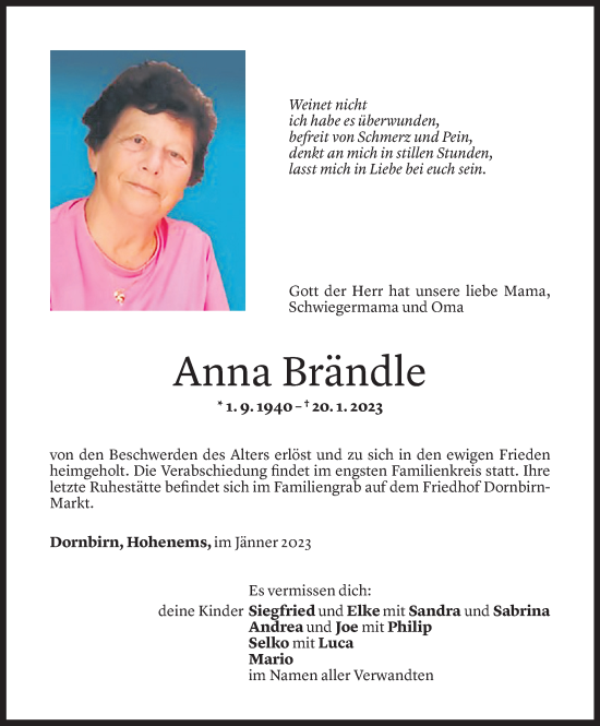 Todesanzeige von Anna Brändle von Vorarlberger Nachrichten