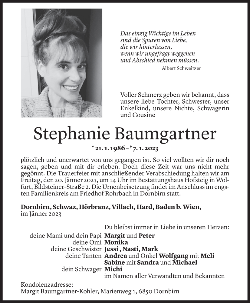  Todesanzeige für Stephanie Baumgartner vom 18.01.2023 aus Vorarlberger Nachrichten