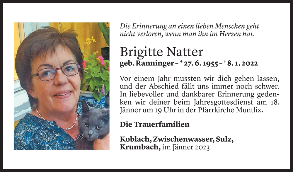  Todesanzeige für Brigitte Natter vom 06.01.2023 aus Vorarlberger Nachrichten