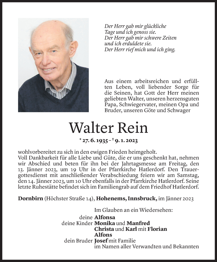  Todesanzeige für Walter Rein vom 11.01.2023 aus Vorarlberger Nachrichten