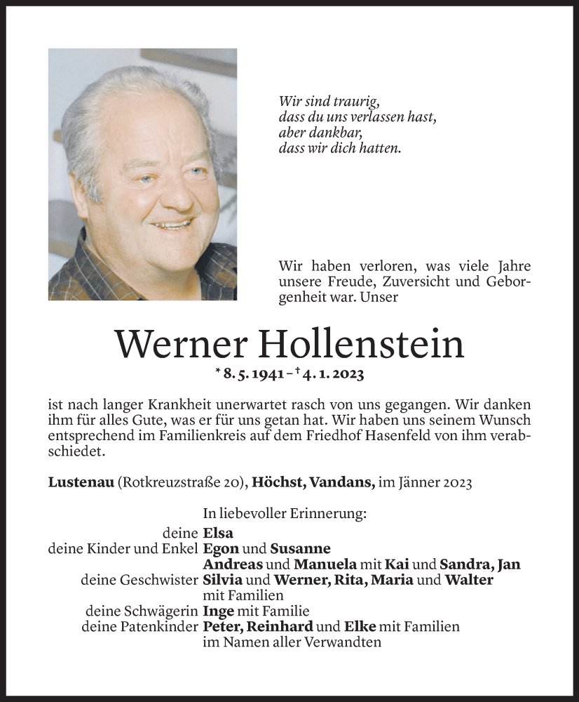  Todesanzeige für Werner Hollenstein vom 13.01.2023 aus Vorarlberger Nachrichten