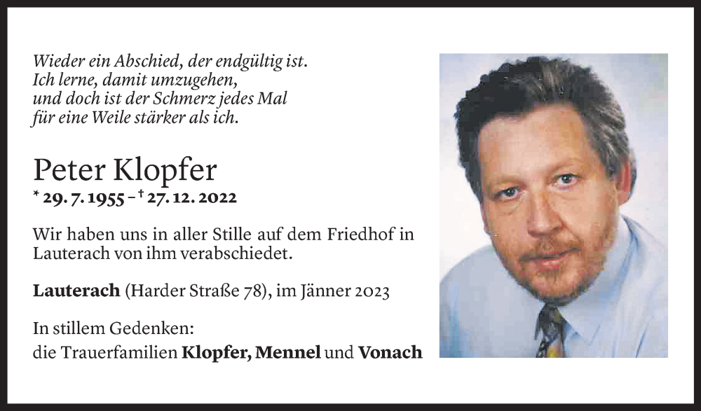  Todesanzeige für Peter Klopfer vom 23.01.2023 aus Vorarlberger Nachrichten