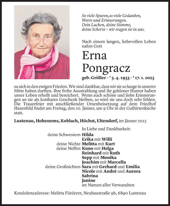 Todesanzeige von Erna Pongracz von Vorarlberger Nachrichten