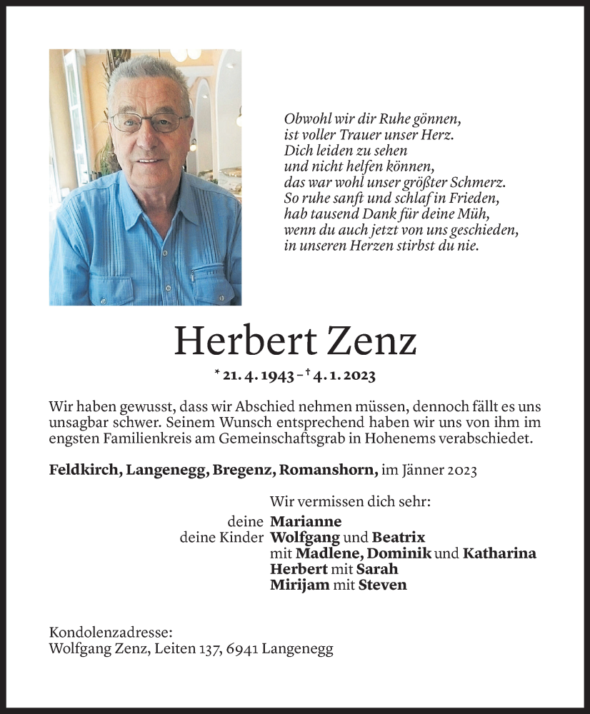  Todesanzeige für Herbert Zenz vom 30.01.2023 aus Vorarlberger Nachrichten