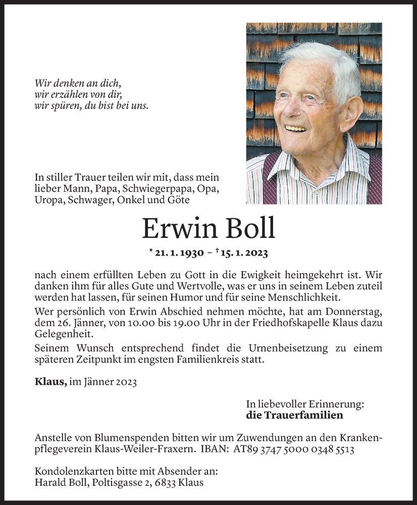  Todesanzeige für Erwin Boll vom 24.01.2023 aus Vorarlberger Nachrichten