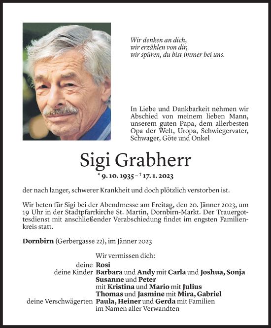 Todesanzeige von Sigmund Grabherr von Vorarlberger Nachrichten