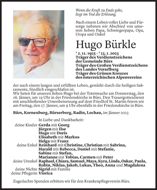 Todesanzeige von Hugo Bürkle von Vorarlberger Nachrichten