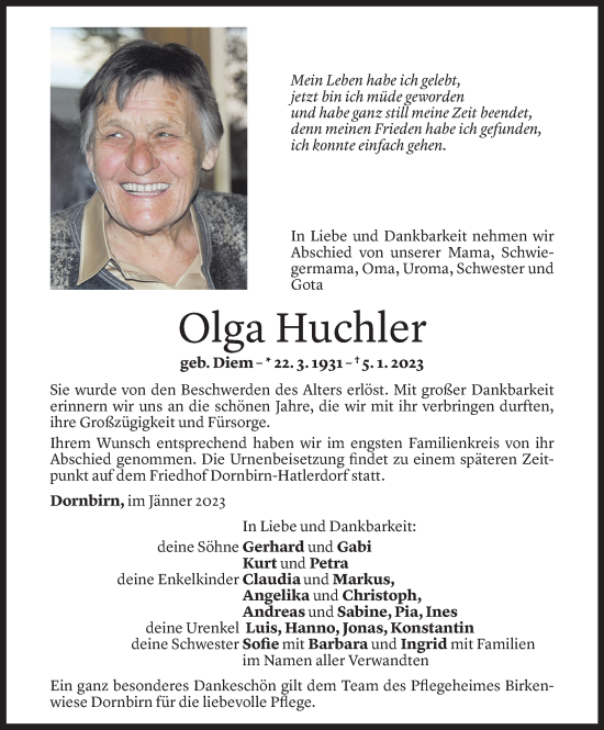Todesanzeige von Olga Huchler von Vorarlberger Nachrichten