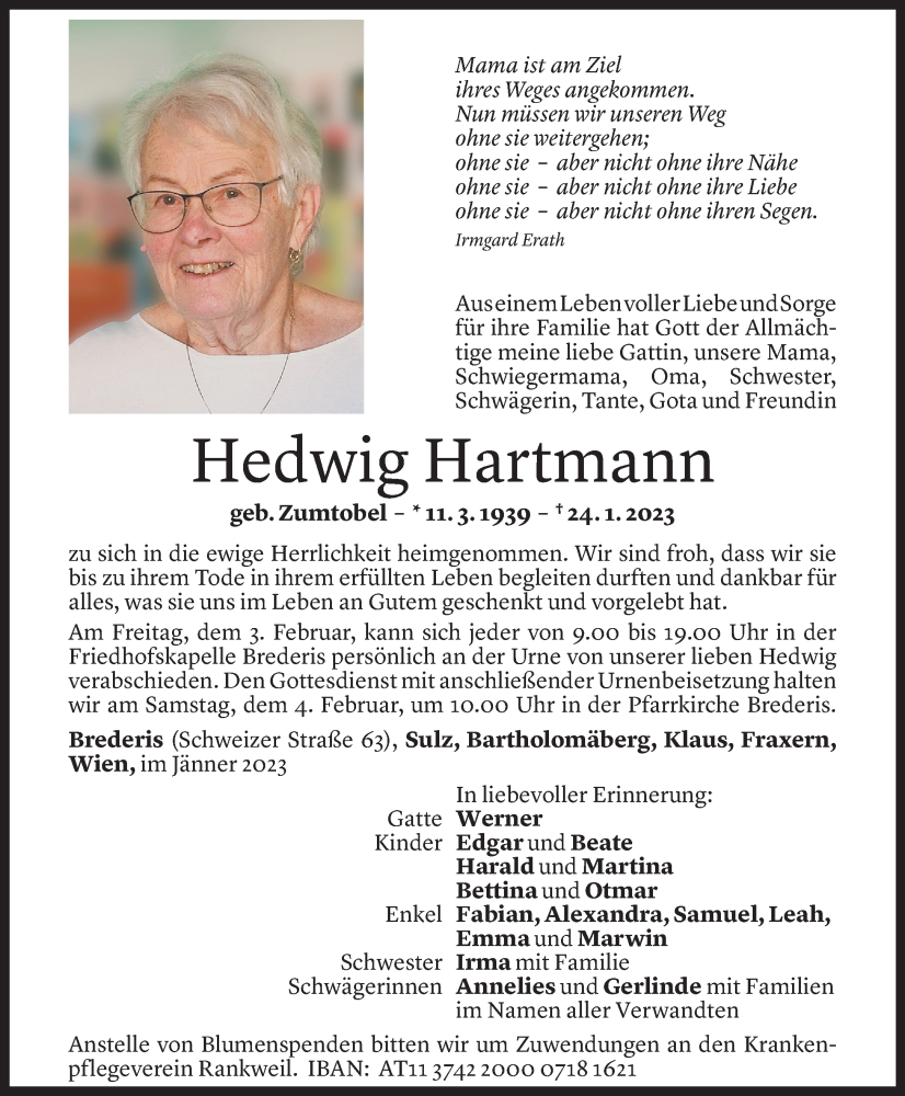  Todesanzeige für Hedwig Hartmann vom 31.01.2023 aus Vorarlberger Nachrichten