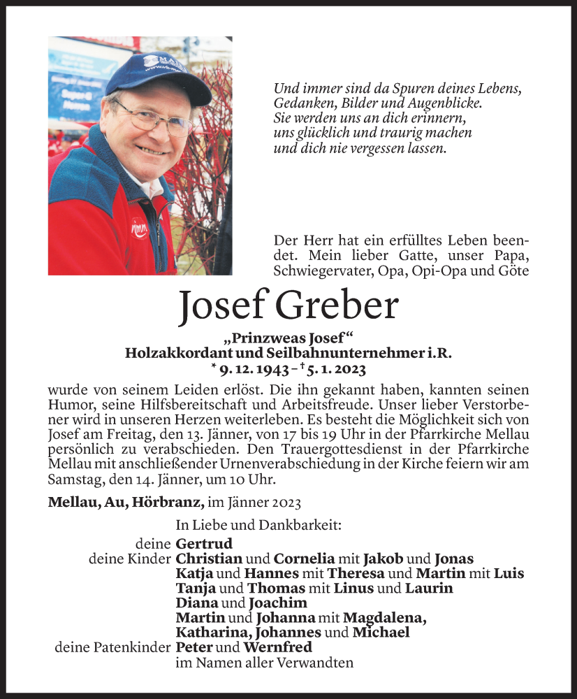  Todesanzeige für Josef Greber vom 12.01.2023 aus Vorarlberger Nachrichten