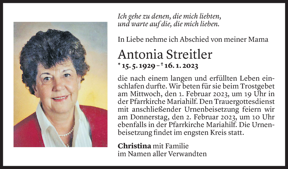  Todesanzeige für Antonia Streitler vom 28.01.2023 aus Vorarlberger Nachrichten