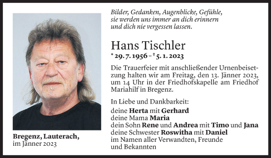 Todesanzeige von Johann Tischler von Vorarlberger Nachrichten