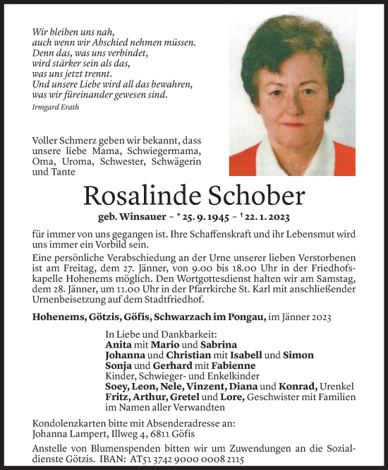 Todesanzeige von Rosalinde Schober von Vorarlberger Nachrichten