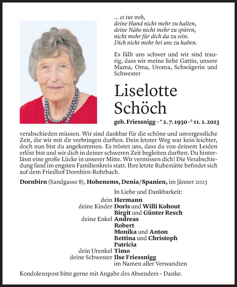  Todesanzeige für Liselotte Schöch vom 20.01.2023 aus Vorarlberger Nachrichten
