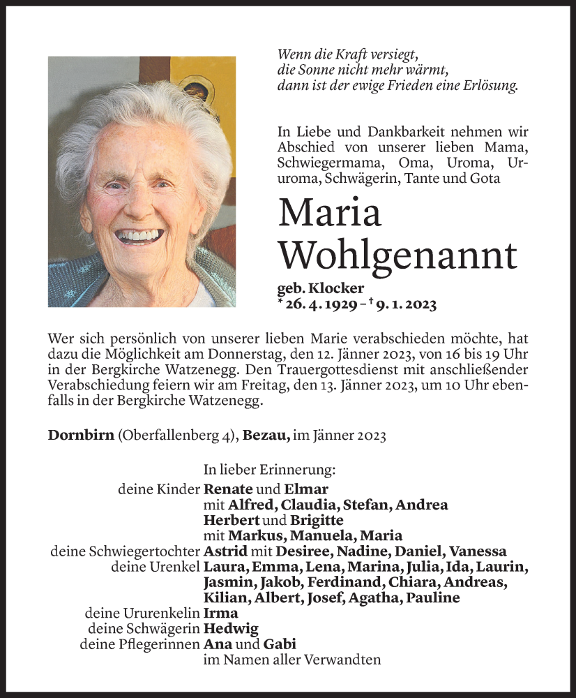  Todesanzeige für Maria Wohlgenannt vom 10.01.2023 aus Vorarlberger Nachrichten