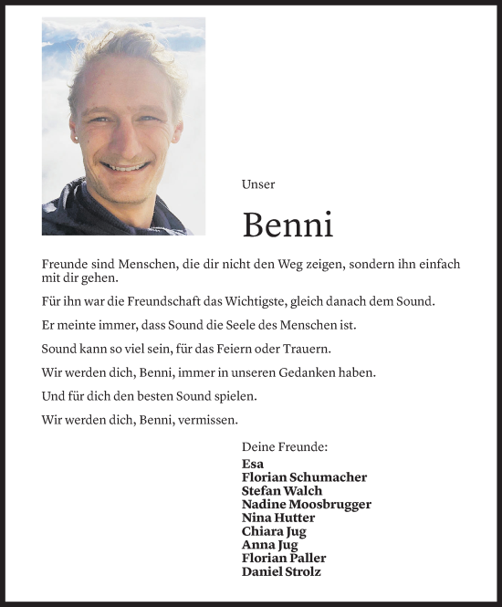 Todesanzeige von Benedikt Fritz von Vorarlberger Nachrichten
