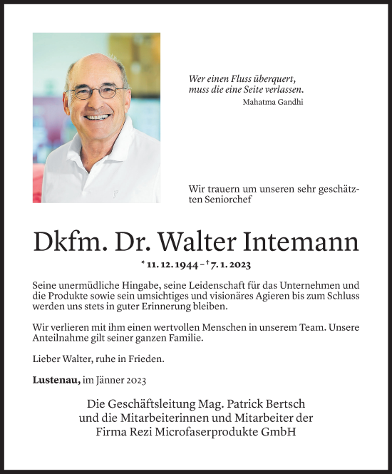 Todesanzeige von Walter Intemann von Vorarlberger Nachrichten