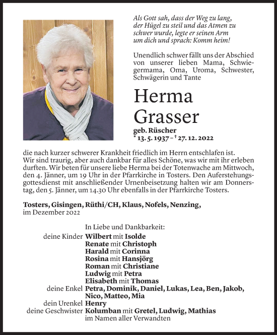 Todesanzeige von Herma Grasser von Vorarlberger Nachrichten