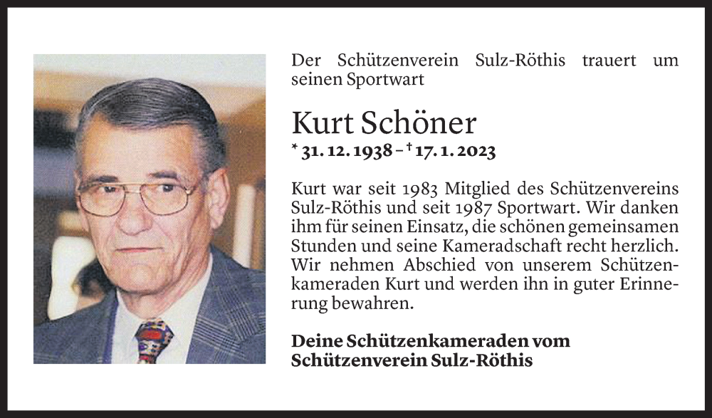  Todesanzeige für Kurt Schöner vom 26.01.2023 aus Vorarlberger Nachrichten
