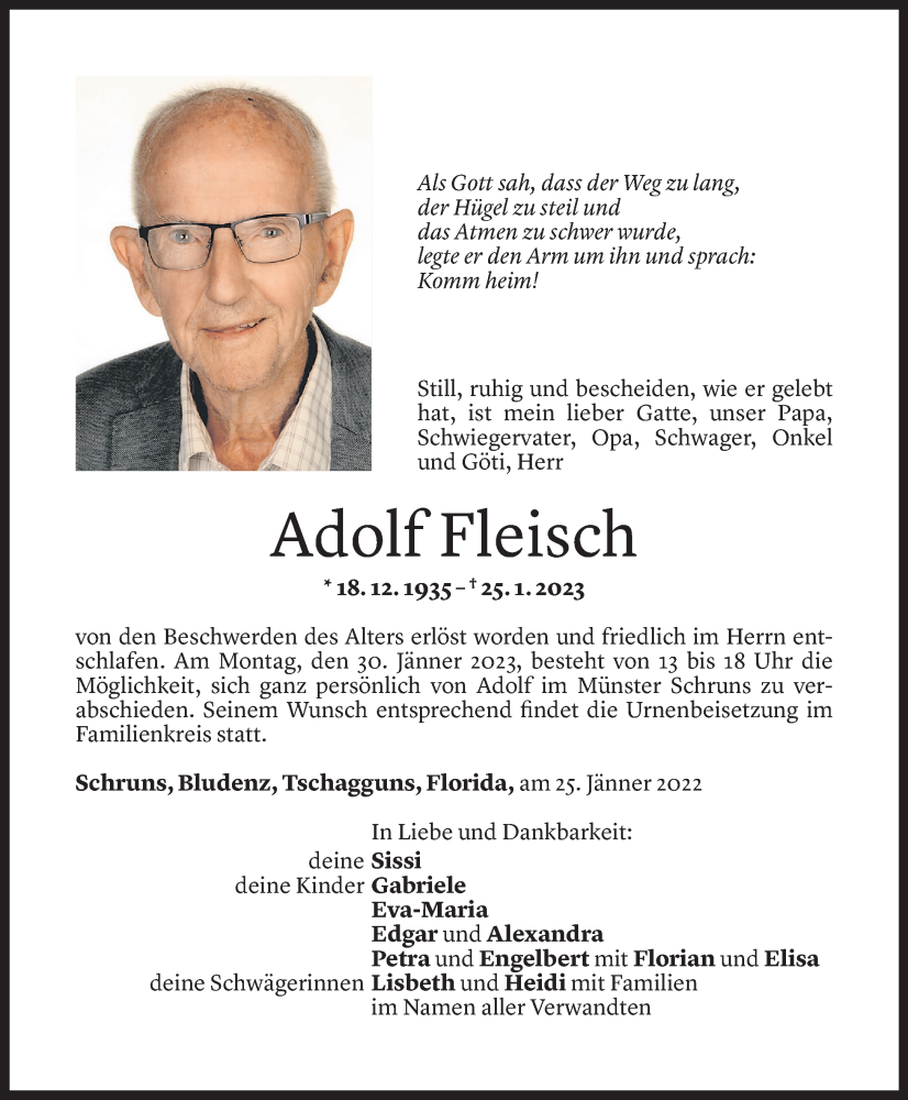 Todesanzeige für Adolf Fleisch vom 28.01.2023 aus Vorarlberger Nachrichten