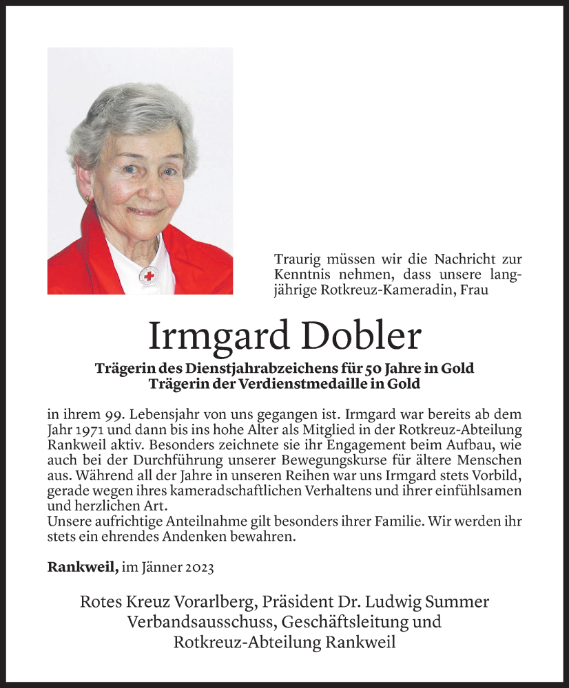  Todesanzeige für Irmgard Dobler vom 31.01.2023 aus Vorarlberger Nachrichten