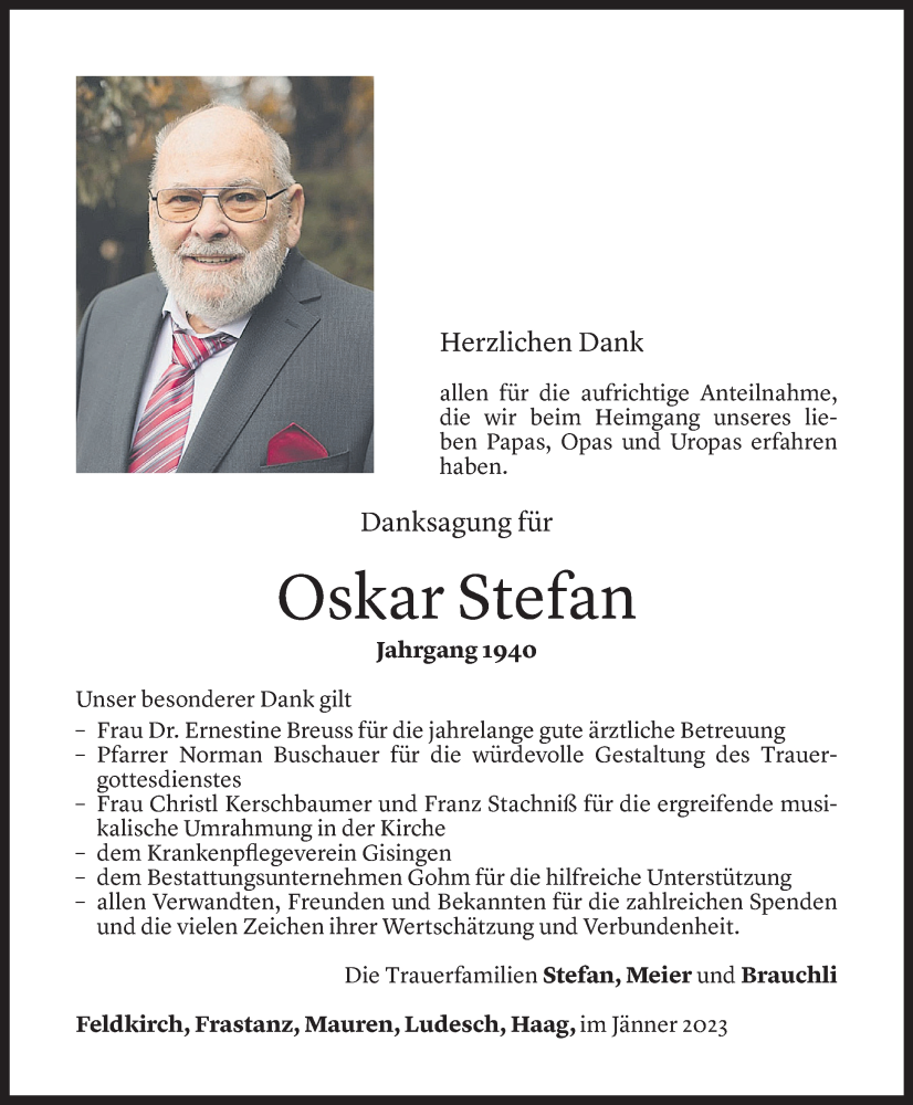  Todesanzeige für Oskar Stefan vom 27.01.2023 aus Vorarlberger Nachrichten