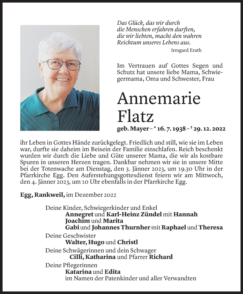  Todesanzeige für Annemarie Flatz vom 01.01.2023 aus Vorarlberger Nachrichten