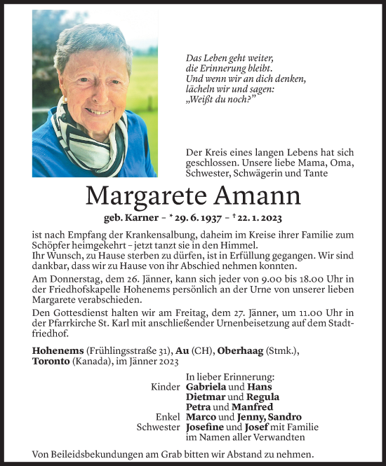 Todesanzeige von Margarete Amann von Vorarlberger Nachrichten
