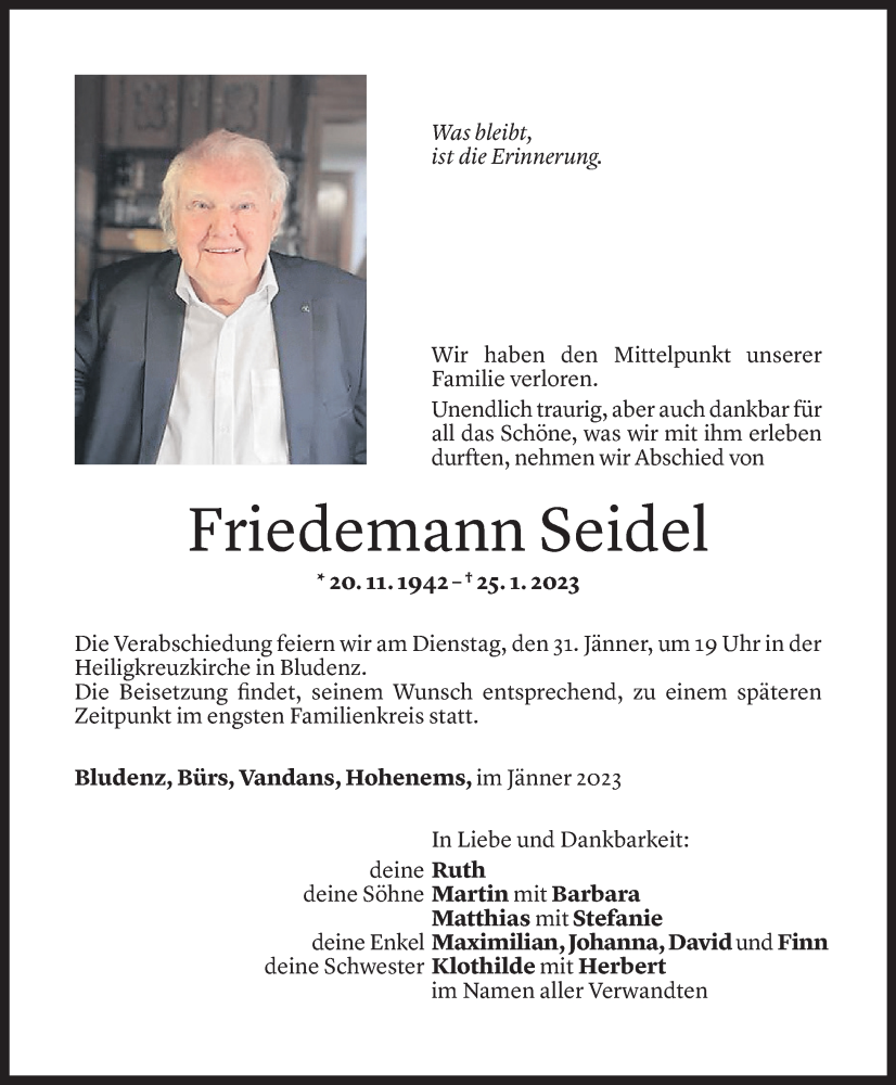  Todesanzeige für Friedemann Seidel vom 28.01.2023 aus Vorarlberger Nachrichten