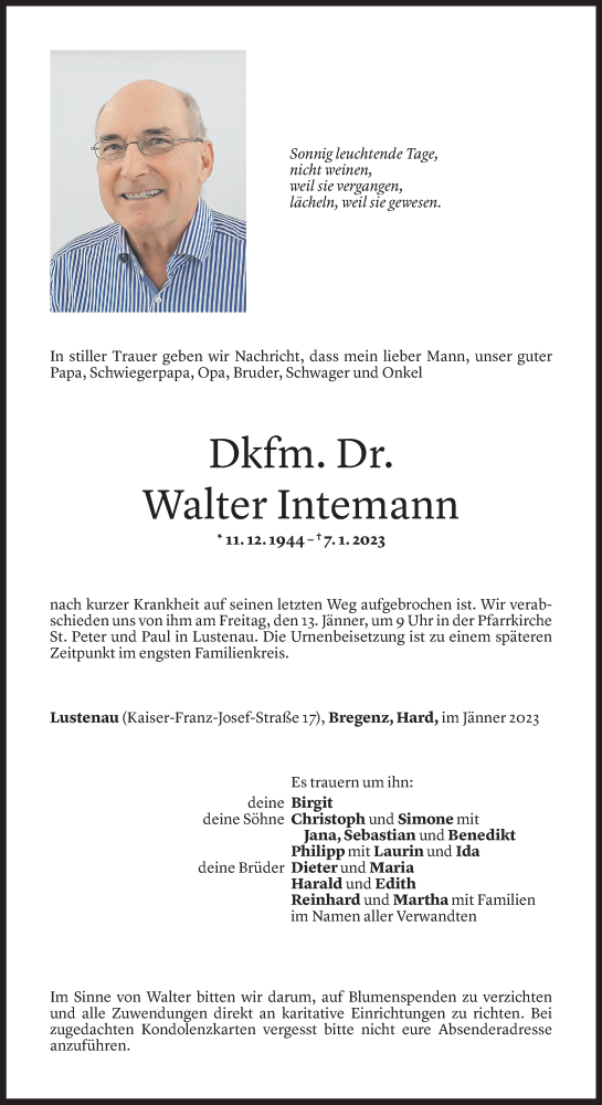  Todesanzeige für Walter Intemann vom 11.01.2023 aus Vorarlberger Nachrichten