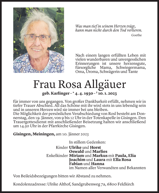 Todesanzeige von Rosa Allgäuer von Vorarlberger Nachrichten