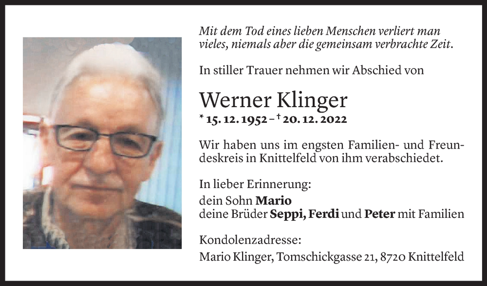  Todesanzeige für Werner Klinger vom 07.01.2023 aus Vorarlberger Nachrichten