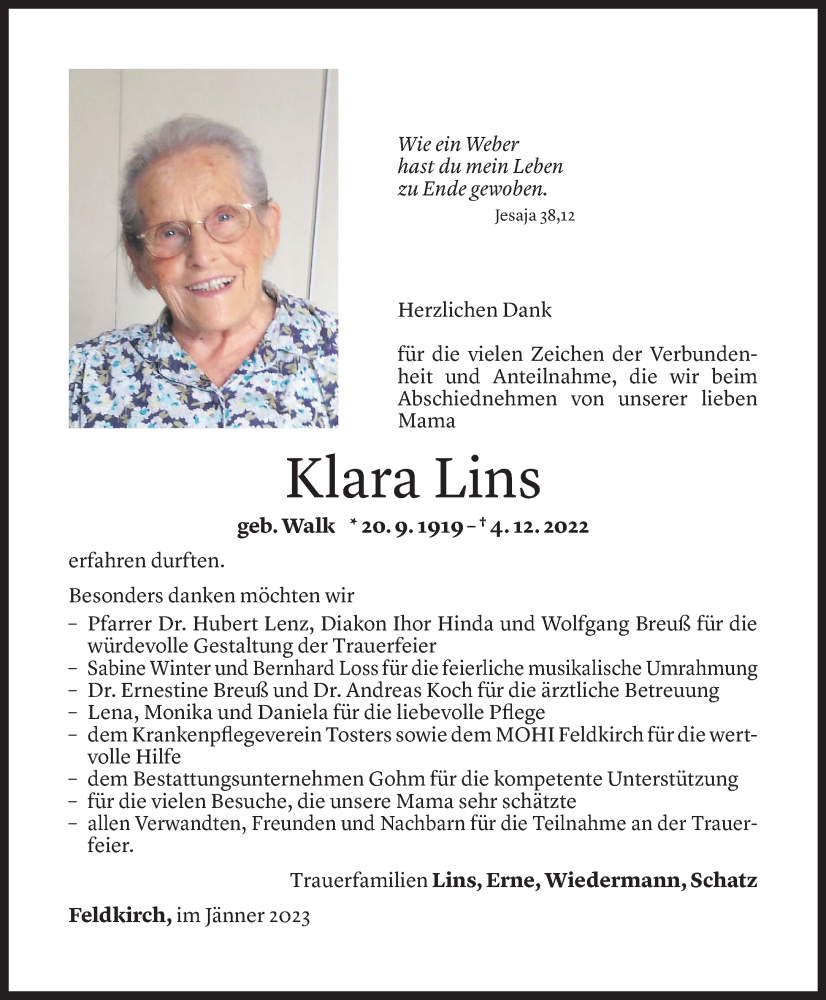  Todesanzeige für Klara Lins vom 06.01.2023 aus Vorarlberger Nachrichten