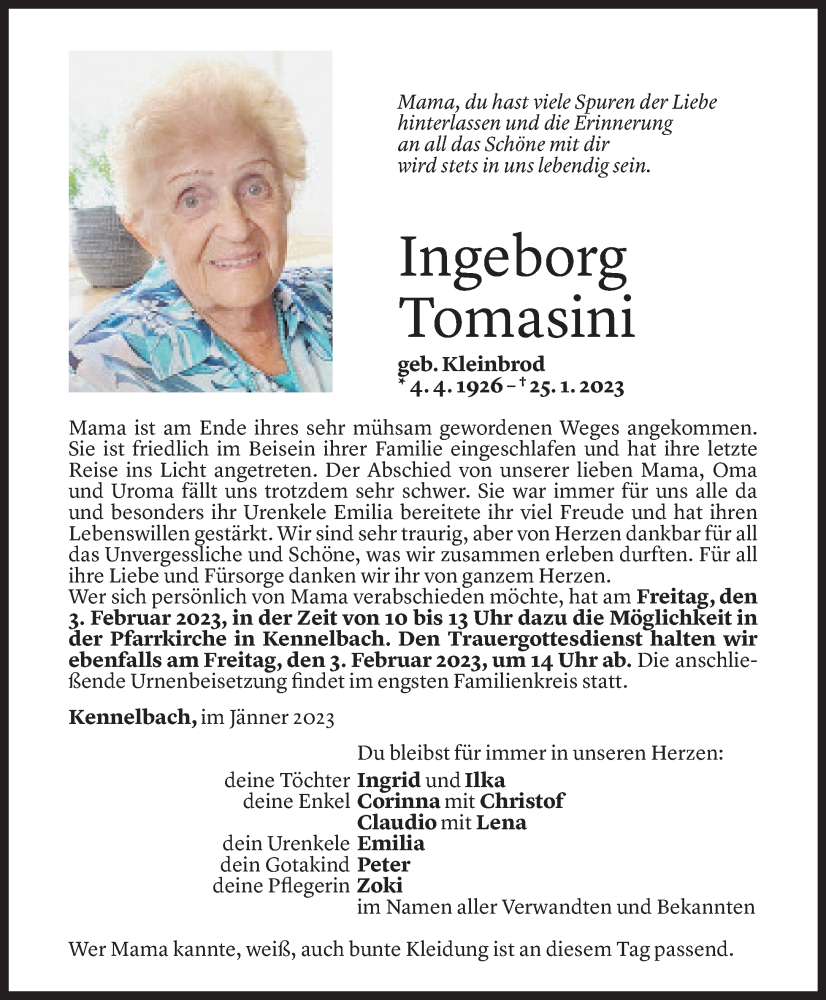 Todesanzeige für Ingeborg Tomasini vom 01.02.2023 aus Vorarlberger Nachrichten
