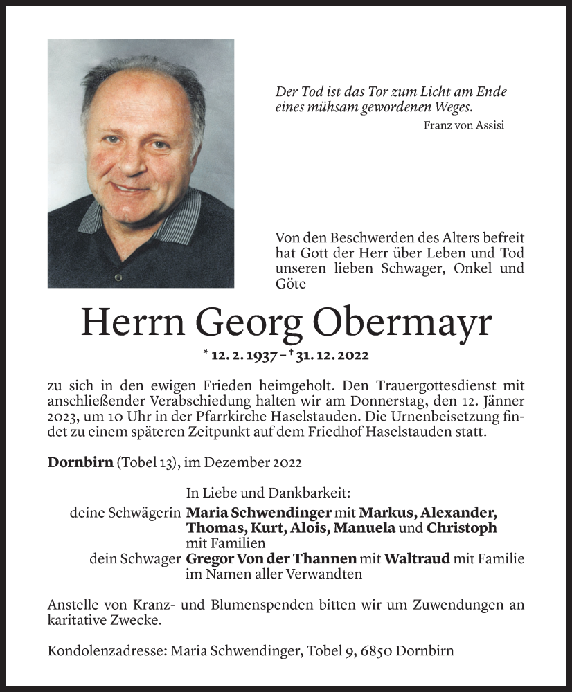  Todesanzeige für Georg Obermayr vom 07.01.2023 aus Vorarlberger Nachrichten