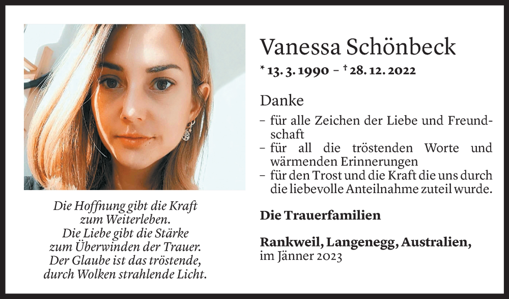  Todesanzeige für Vanessa Schönbeck vom 21.01.2023 aus Vorarlberger Nachrichten