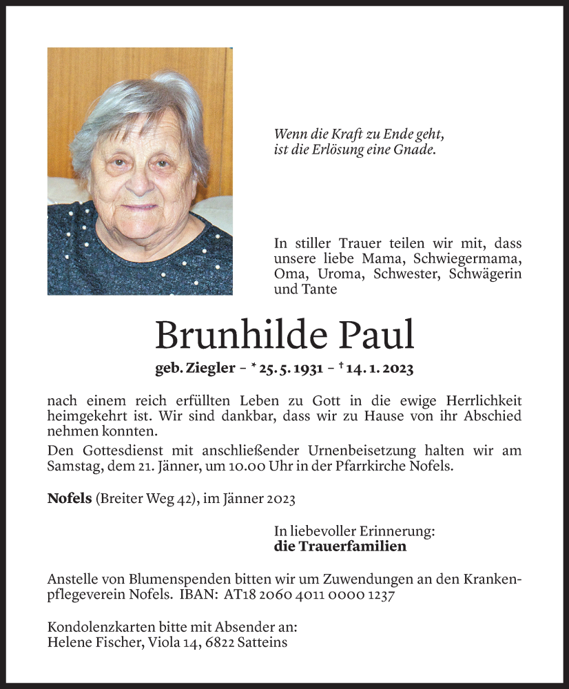  Todesanzeige für Brunhilde Paul vom 19.01.2023 aus Vorarlberger Nachrichten