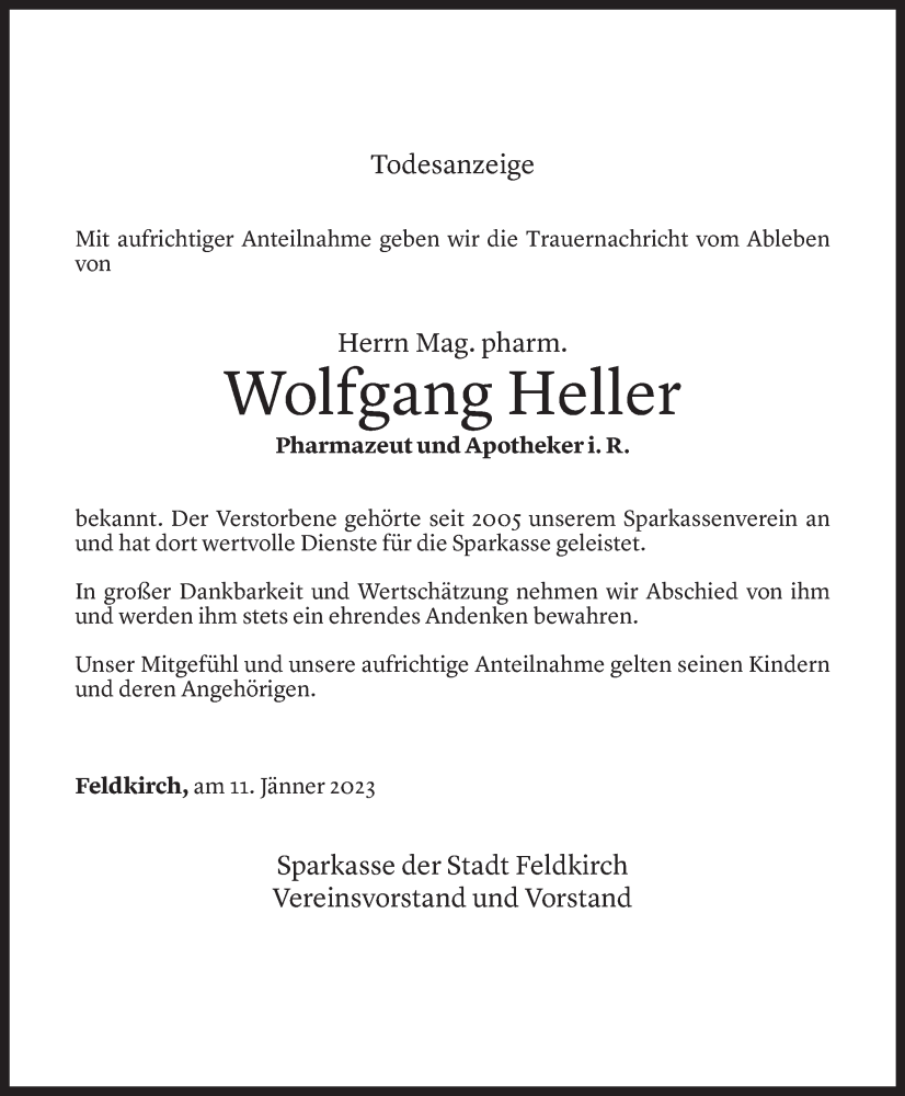  Todesanzeige für Wolfgang Heller vom 11.01.2023 aus Vorarlberger Nachrichten