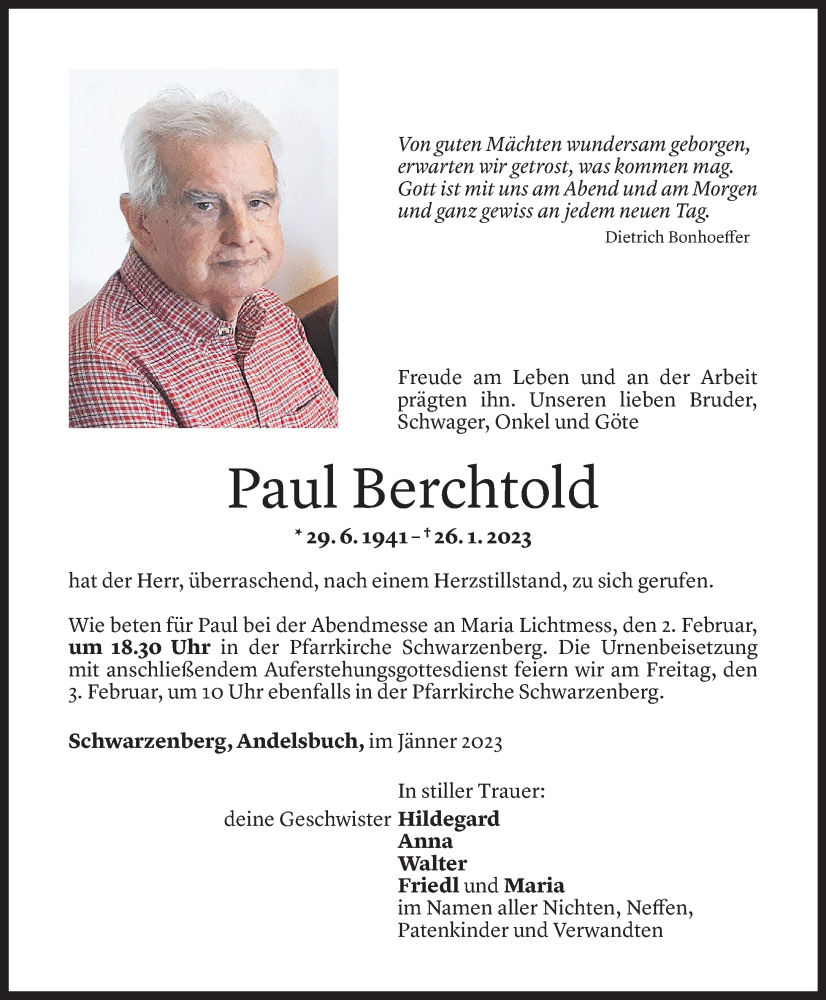  Todesanzeige für Paul Berchtold vom 31.01.2023 aus Vorarlberger Nachrichten