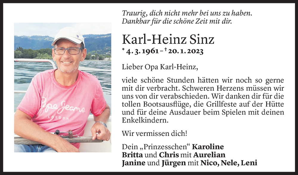  Todesanzeige für Karl-Heinz Sinz vom 24.01.2023 aus Vorarlberger Nachrichten