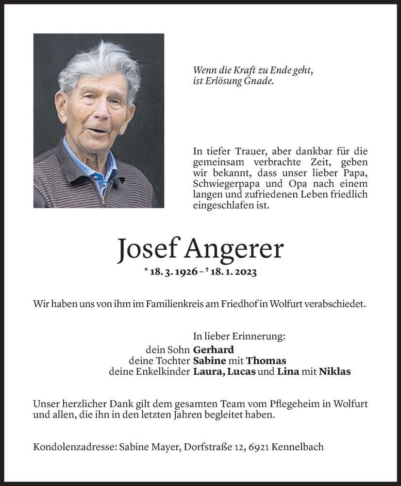  Todesanzeige für Josef Angerer vom 27.01.2023 aus Vorarlberger Nachrichten