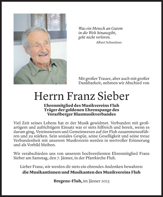Todesanzeige von Franz Sieber von Vorarlberger Nachrichten