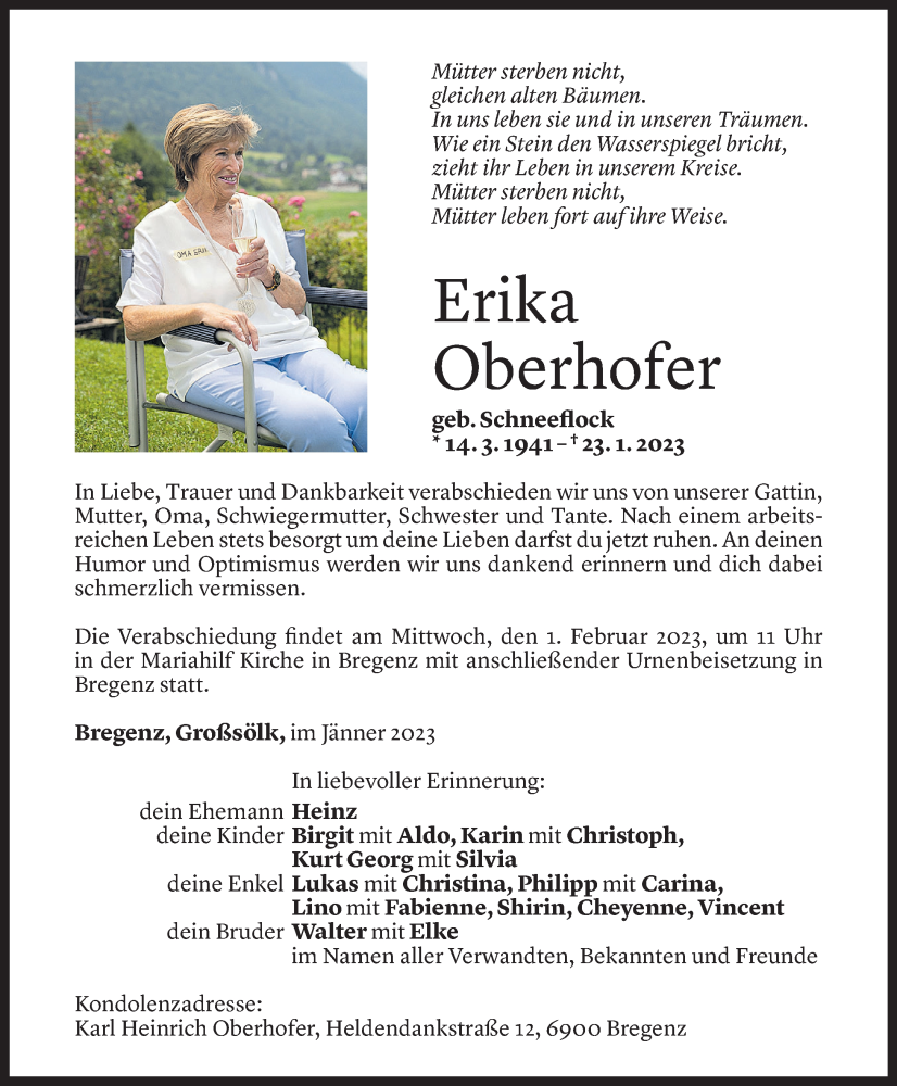  Todesanzeige für Erika Oberhofer vom 27.01.2023 aus Vorarlberger Nachrichten