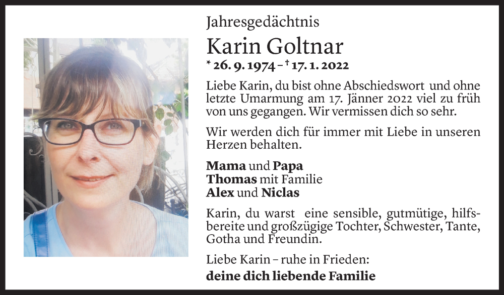  Todesanzeige für Karin Goltnar vom 20.01.2023 aus Vorarlberger Nachrichten