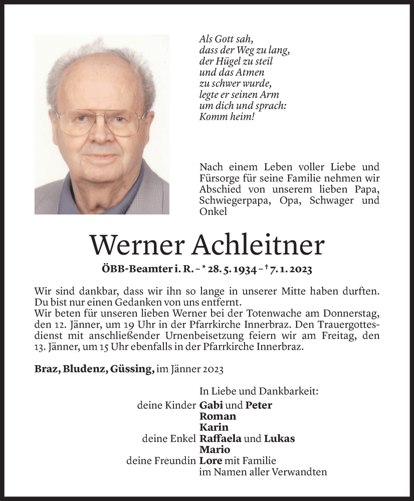  Todesanzeige für Werner Achleitner vom 11.01.2023 aus Vorarlberger Nachrichten