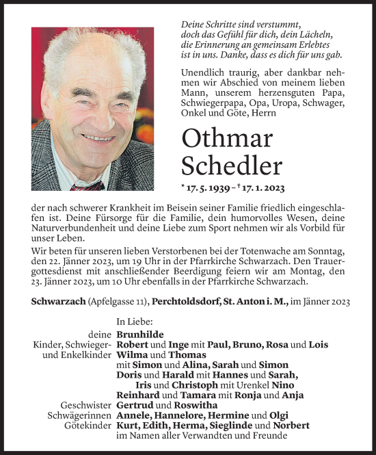 Todesanzeige von Othmar Schedler von Vorarlberger Nachrichten