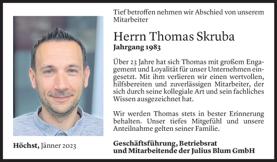 Todesanzeige von Thomas Skruba von Vorarlberger Nachrichten