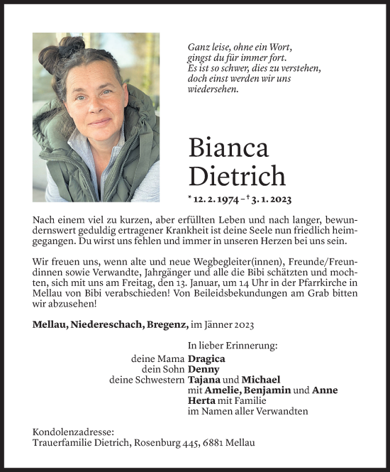 Todesanzeige von Bianca Dietrich von Vorarlberger Nachrichten