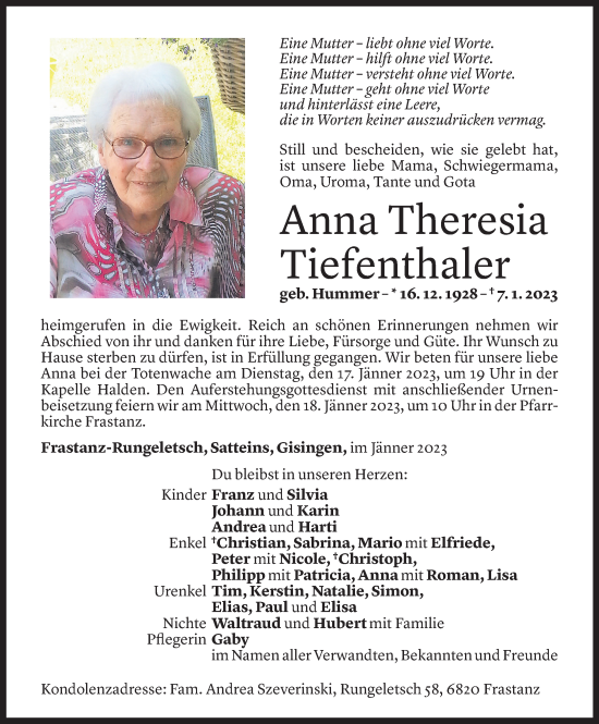 Todesanzeige von Anna Tiefenthaler von Vorarlberger Nachrichten